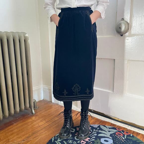 Vintage Yves Saint Laurent Rive Gauche Sz 10 Blue Velvet Black Corded Trim Skirt - Picture 1 of 13